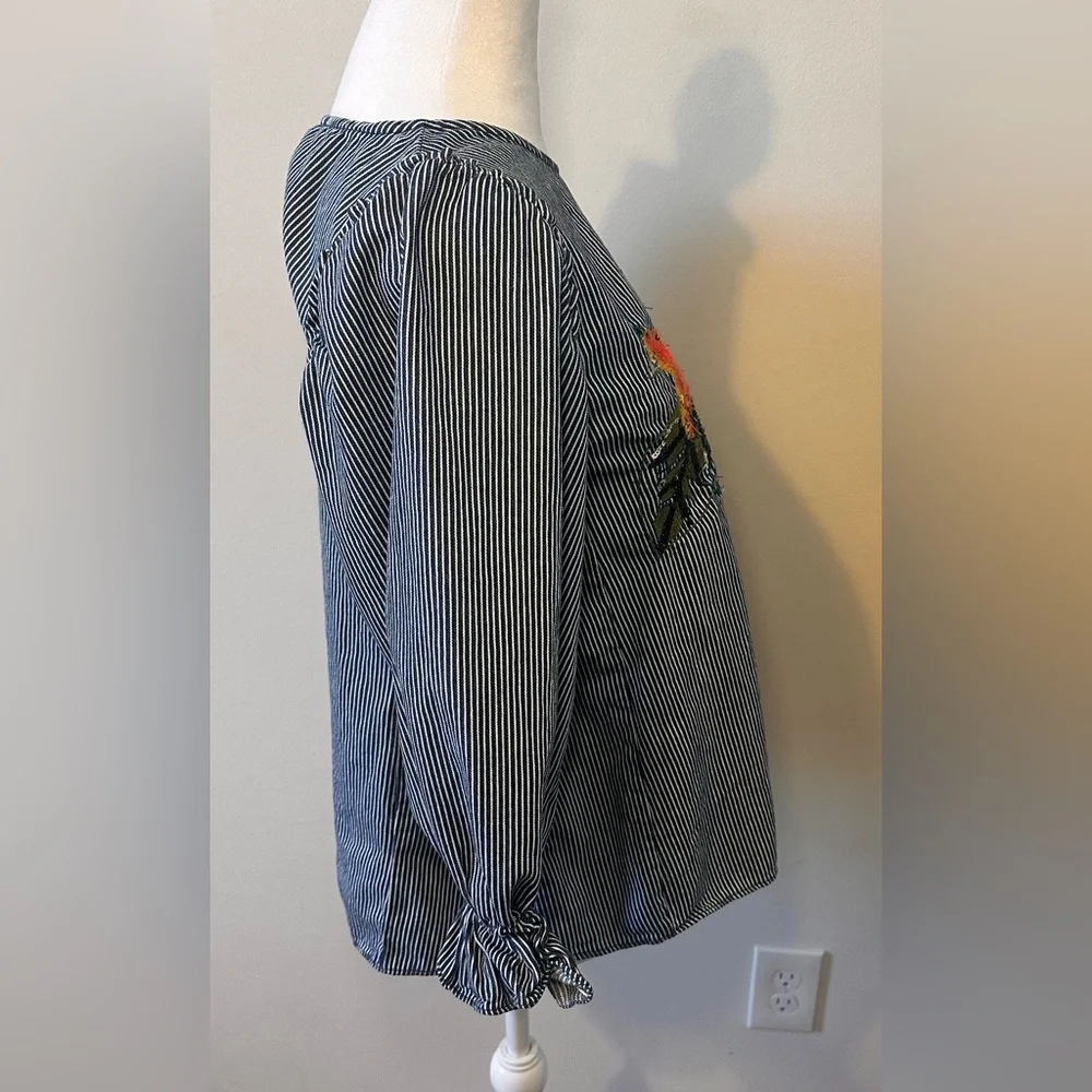 Zara Embroidered Denim Striped Balloon Sleeve Top Size Small - Picture 5 of 6